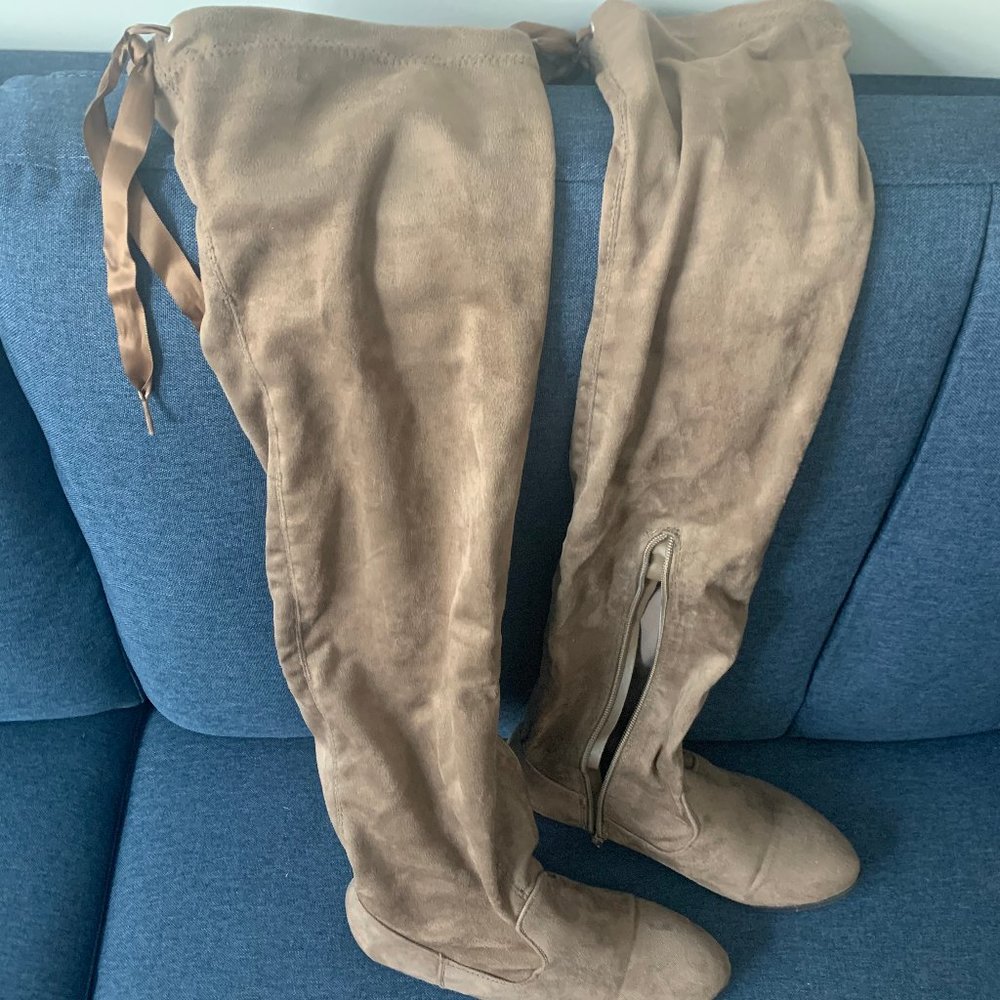 Tan Suede Over the Knee Boots w/ Ribbon Detail